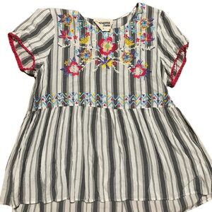 Savanna Jane Embroidered Floral Stripe Blouse Ruffle